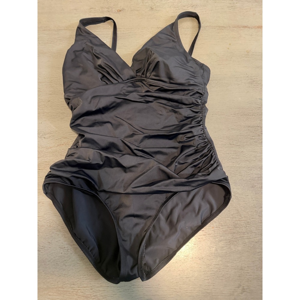 Jantzen Classics Black Ruched One Piece Swimsuit V-Neck Tummy Control Size 16